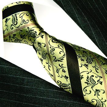 12043 LORENZO CANA Italian Silk Tie Gold Black Yellow Paisleys Stripes 