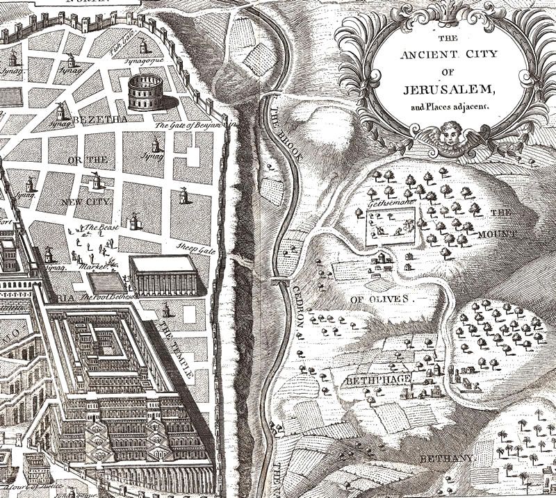 1723   PLAN OF JERUSALEM SHOWING SYNAGOGUES AND MEN PLAYING SHOFARS 