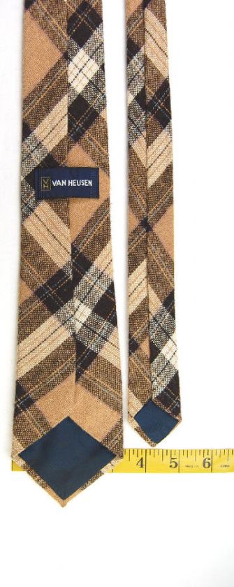 VAN HEUSEN BROWN TAN BLUE PLAID STRIPE WOOL NECK TIE  