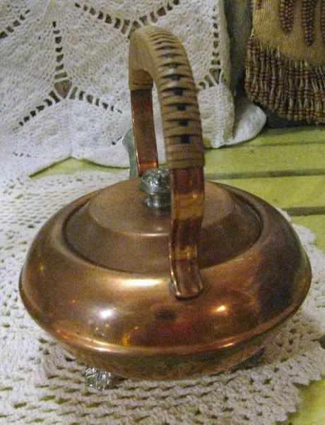 Solid Copper Teapot Wicker Wrapped Handle Bird Spout  