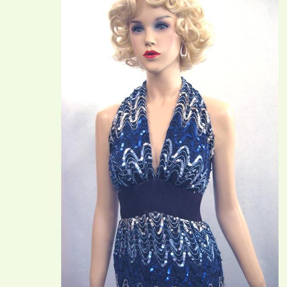 Vintage 60s SEXY MIKE BENET HALTER SEQUIN EVENING DRESS  