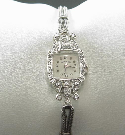 STUNNING ANTIQUE ART DECO 14K WHITE GOLD HAMILTON DIAMOND LADIES WATCH 