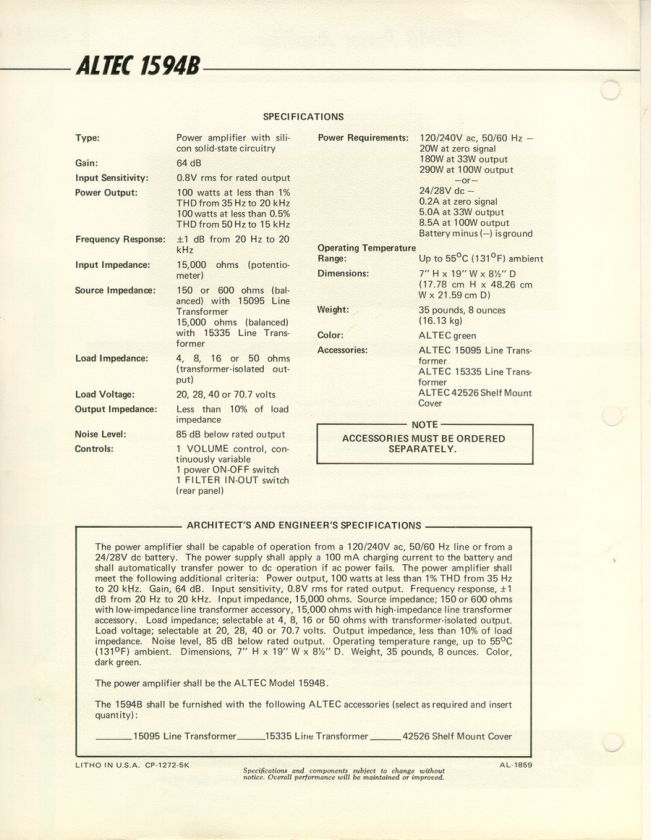 Vintage Altec 1594B Power Amplifier 1594 B Amp  