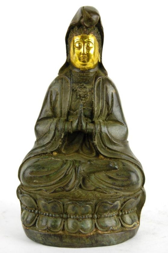 BRONZE GOLD FACE KWAN YIN STATUE Guan Quan Goddess 7  