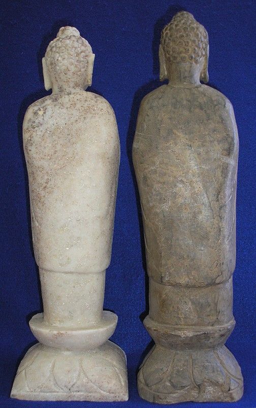 ESTATE BUDDHA STATUE PAIR 2 MARBLE + STONE CARVED QING SEGAN SEMUI IN 