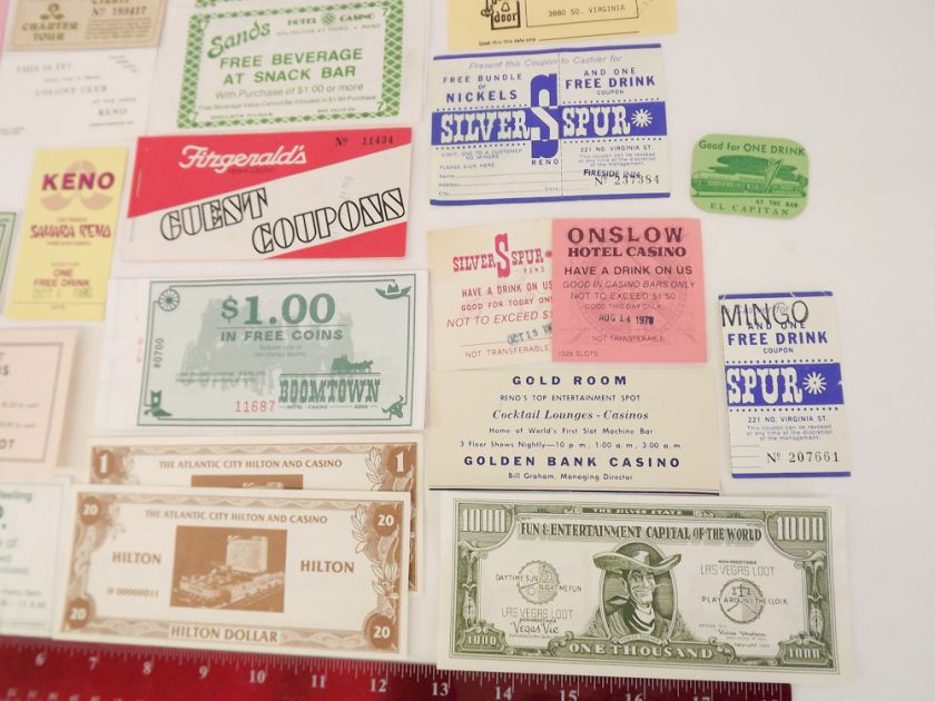 Assorted Vtg Set Casino Coupons Reno, Vegas, Atlantic City, Sands 