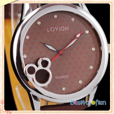 Vogue Brown Lady Girls Bangle Band Mouse Leather Quartz Wrist Watch 