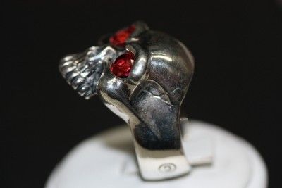 Bill Wall Leather Half Skull Red Stone eyes Mens Sterling Silver Ring 
