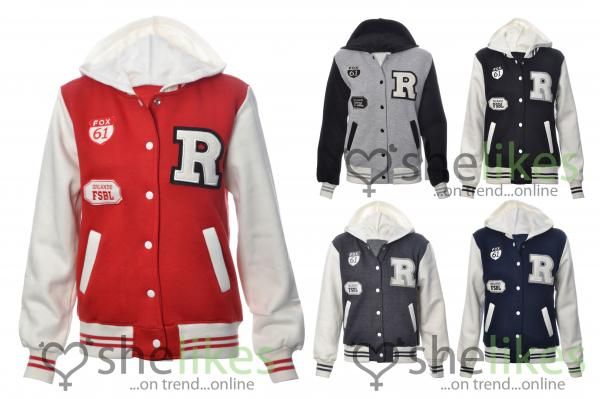 New Womens Varsity Baseball Bomber Jacket Ladies Hood Hooded Sweat Top 