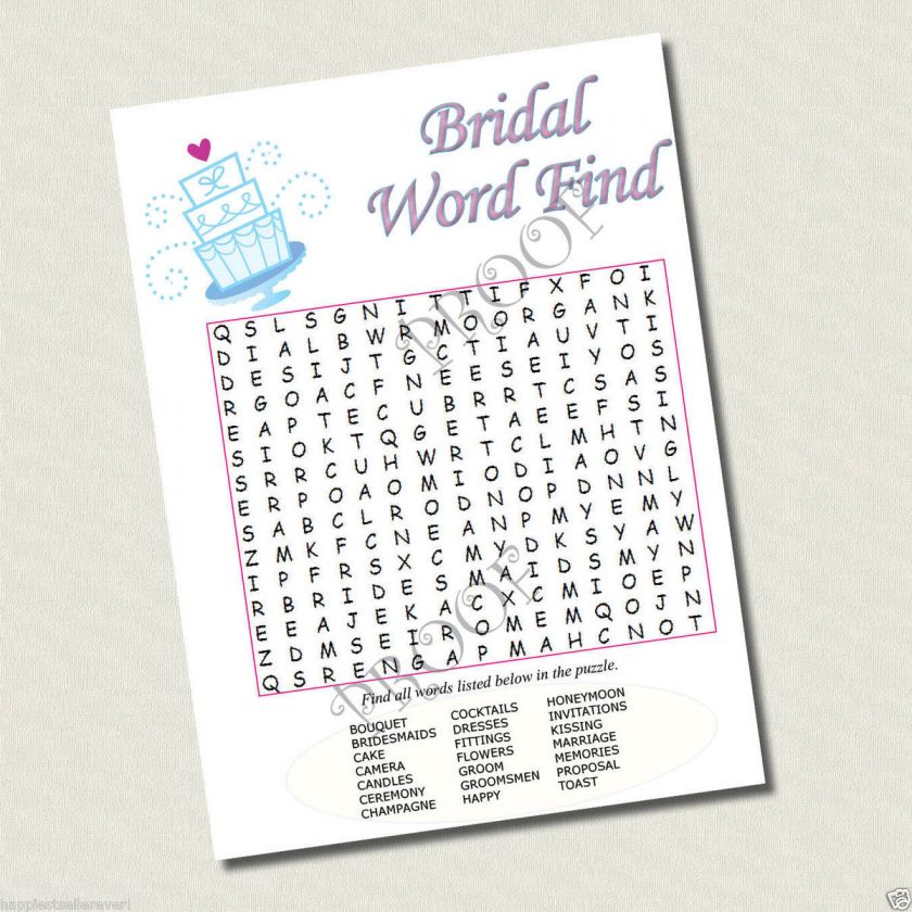 PRINTABLE BRIDAL SHOWER * WORD FIND GAME UNLIMITED PRINT & ANSWER KEY 