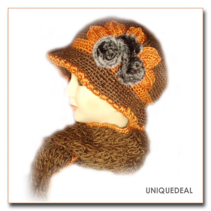 FASHION WINTER KNIT WARM SCARF HAT SET SKI BEANIE/BROWN  