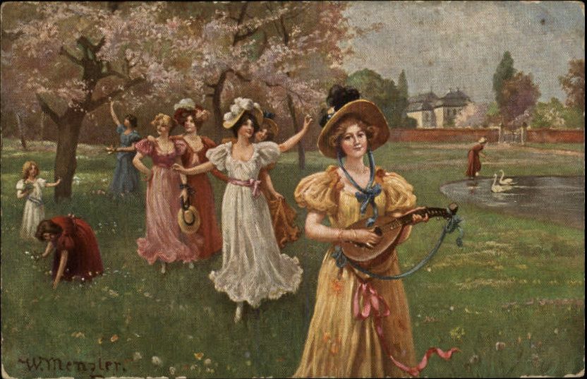 WILHELM MENZLER Woman w Lute Fancy Women in Park c1910 Postcard  