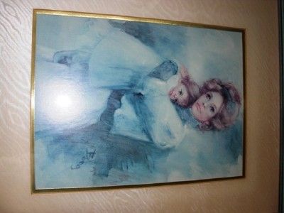 IRENE BORG PAINTING ART MOTHER AND CHILD FRAMED BLUE  