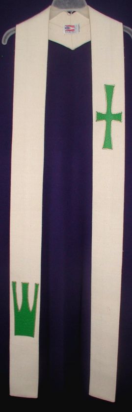 Vestment   CASTLE CRAFT White Stole w Green  