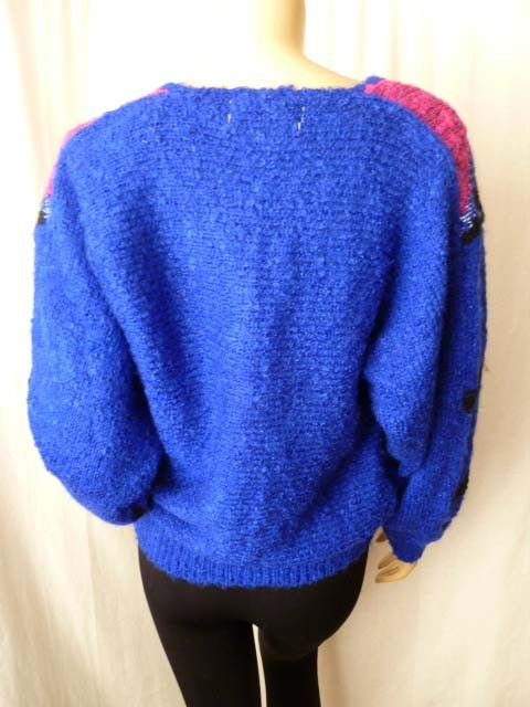 80s Vintage Fuzzy Sweater Purple Blue Black Geometric Angora Abstract 