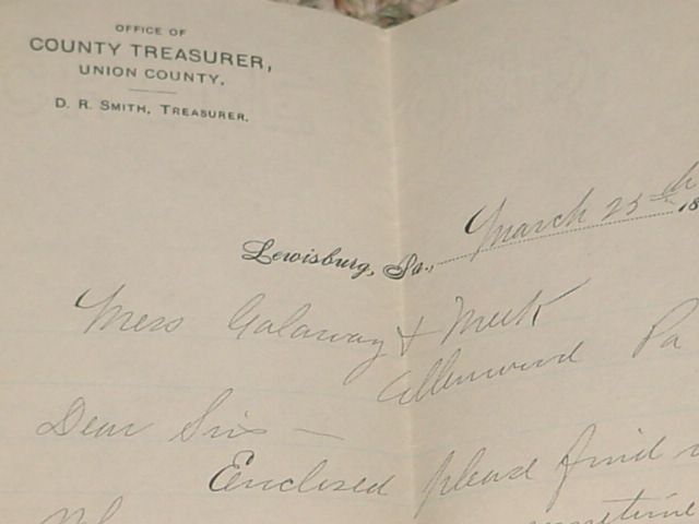 Lewisburg PA Union County Treasurer Letter 1898 Old  