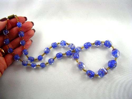 STRIKING Vtg Blue & Gold MURANO Glass Bead Necklace  