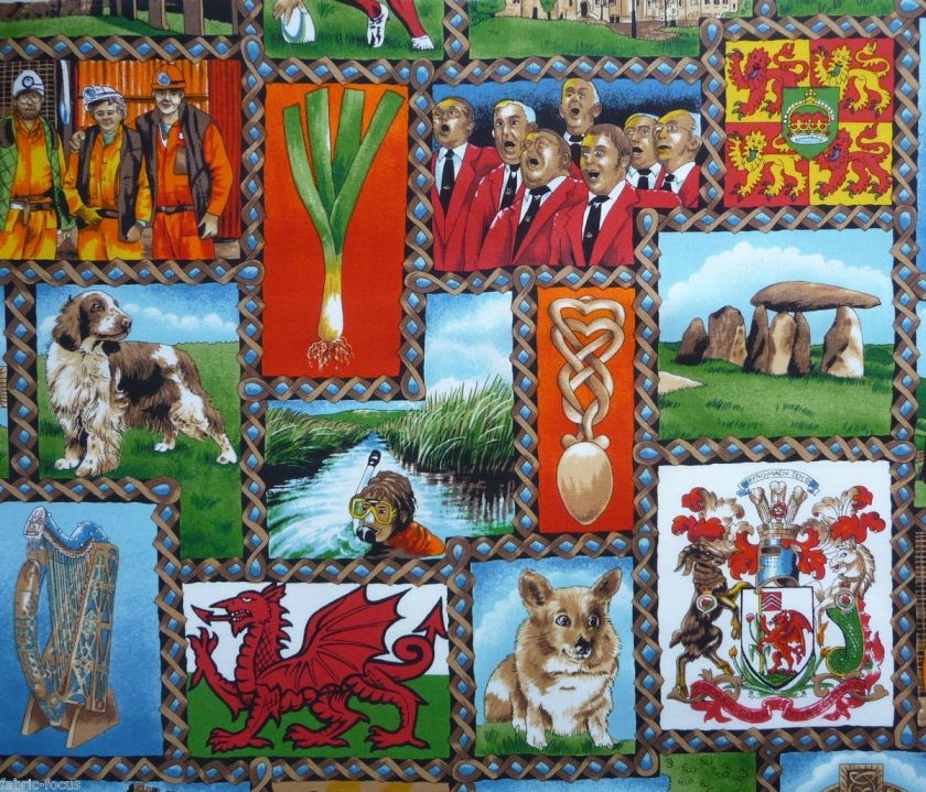 Wales Welsh Life Miners Corgi Castle Ruins Rugby Quilt Fabric  