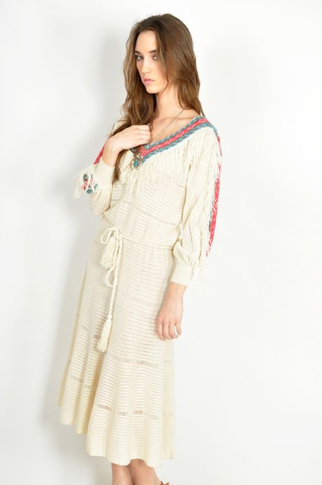 Vtg 70s Cream Deep V FRINGE SOUTHWESTERN Sheer KNIT Full MIDI Boho 