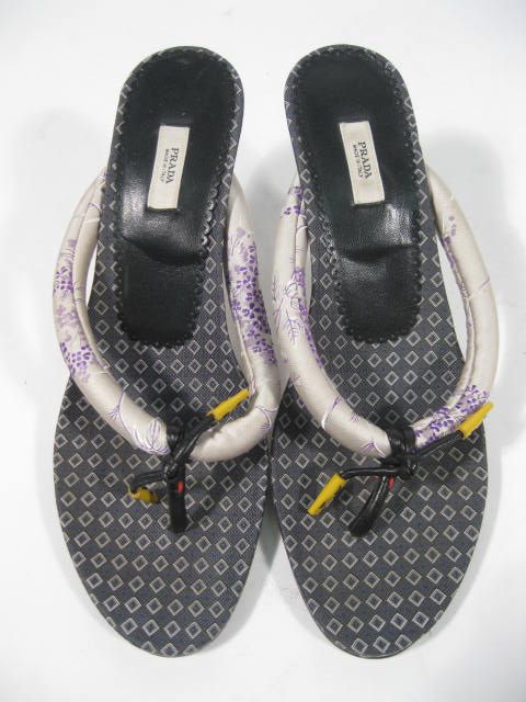 AUTH. PRADA Silk Gray Thongs Sandals Heels Pumps 38  