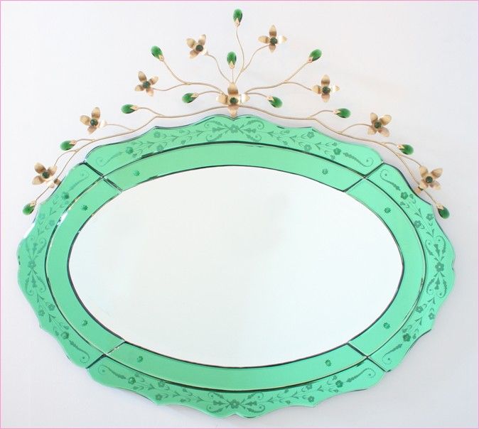 Green Venetian Glass Etched Mirror~Crystal & Gold Tole Metal Flower 