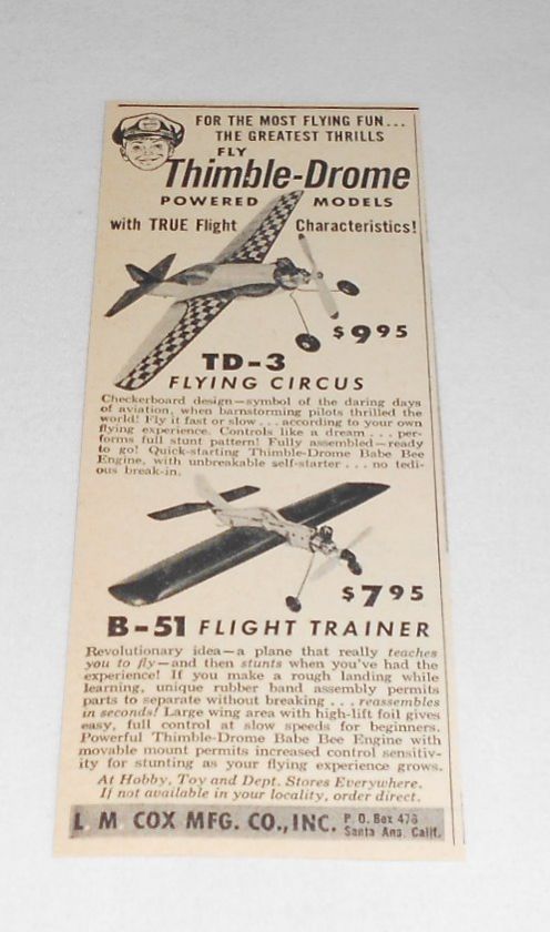 1956 Cox Thimble Drome ad~ FLYING CIRCUS,FLIGHT TRAINER  