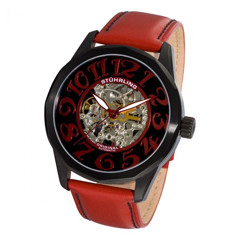 Stuhrling Original 227A Viola Auto Skeleton Black Dial Red Leather 