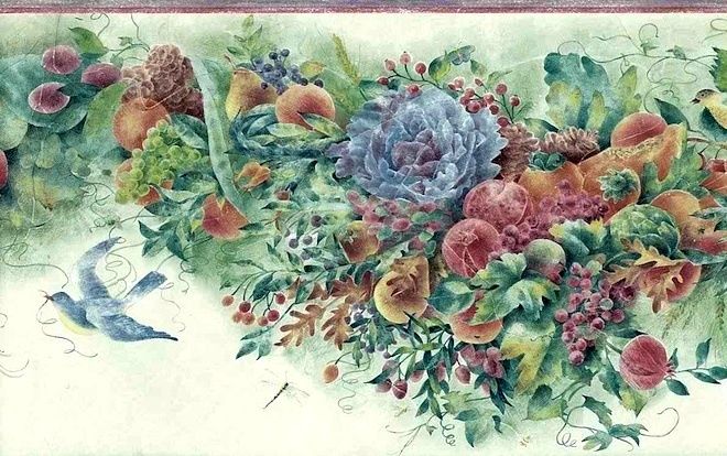   BORDER BLUE BIRDS DOVES FRUIT VEGGIES TEXTURED GRAPES CHERRIES VINTAGE