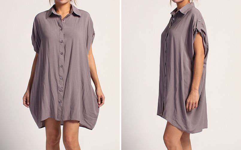   Button Up Tunic BLOUSE Drapy Woven Dolman LONG Dress SHIRTS  