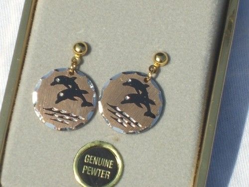 VINTAGE GENUINE PEWTER DOLPHIN EARRINGS JEWELRY 999  