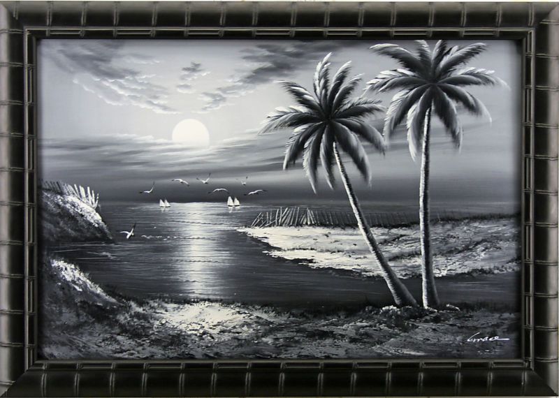 Black & White Beach Palm Trees Art FRAMED OIL PAINTING  