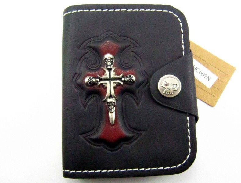 Rocker Cowboy Skull & Cross Mens Leather Wallet Skull Badge W4V1 