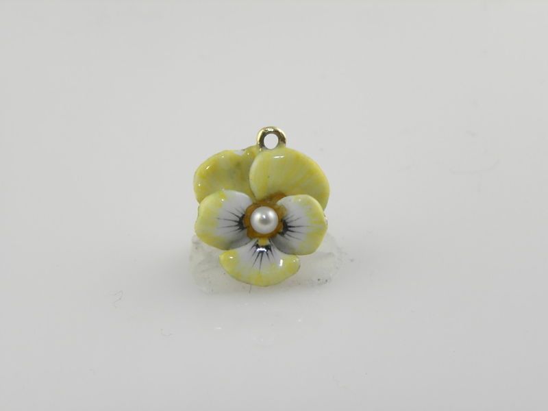 SMALL HAND ENAMELED PANSY CHARM WITH PEARL CENTER  
