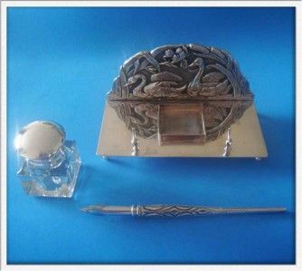 Vtg Sterling SILVER Swan Inkwell + Dip Pen + Stand  