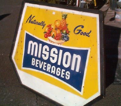   Large Early Mission Beverage Orange soda pop metal sign 1950s  