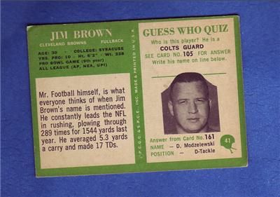   receives this 1966 Philadelphia Jim Brown #41. Soft corners. Free s/h