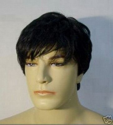 Mens short black synthetic fibre hair full wig+wig cap#89  