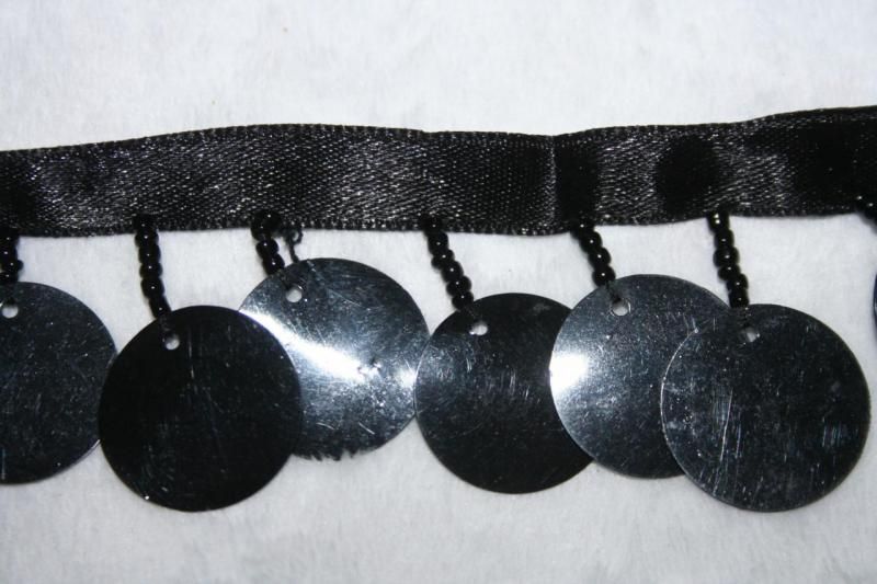 BLACK Plastic Disc beaded fringe trim Satin ribbon 1.37  