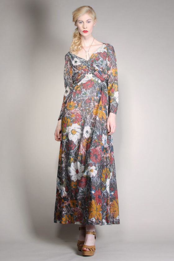   METALLIC FLORAL MAXI DRESS Vtg 70s Boho Festival Print Long Goddess