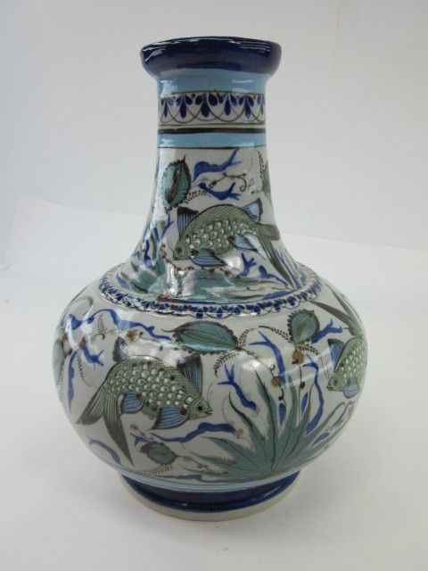   Edwards Large Pottery Stoneware Vase Fish Mexico Mexican Blue Green