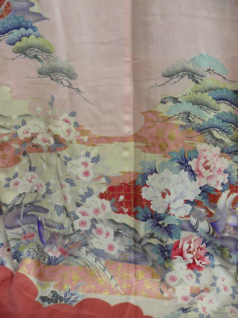 Pink Silk Furisode w/Iris, Ume, Botan, Peacock H45  