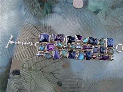 Moonstone Amethyst Sunstone SILVER BRACELET Pearls  