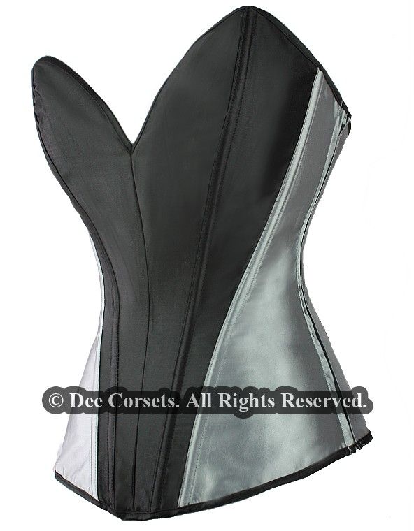 BURLESQUE BLACK/GRAY SATIN DEEP V CORSET + A G STRING  