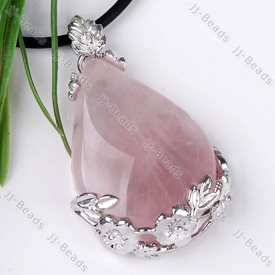 1P Rose Quartz Teardrop Stone Wrap Flower Bead Pendant  