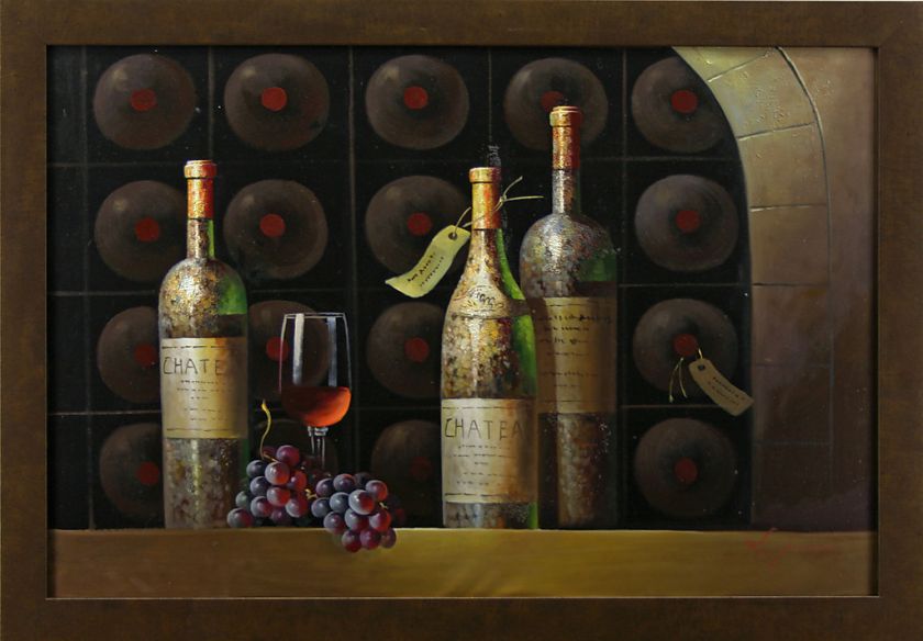   Grapes Wine Bottles Cellar Glass Still Life Art FRAMED OIL PAINTING