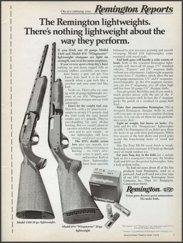 1975 REMINGTON 1100 & 870 Lightweight SHOTGUN Print AD  