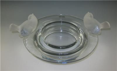   MOINEAUX BOWL w/ TWO SPARROWS French Crystal Art Glass 2 Bird  