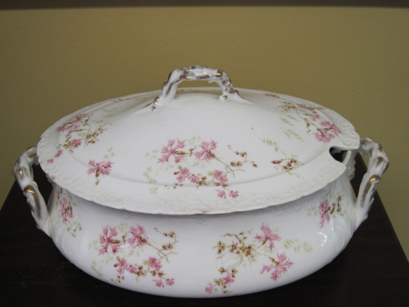 ANTIQUE GILDED AUSTRIA FLORAL COVERED SOUP TUREEN  