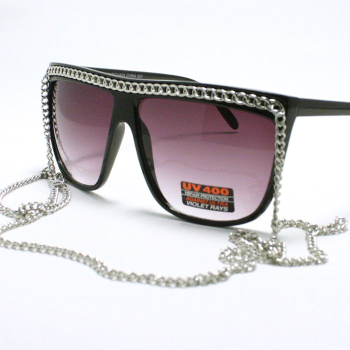 Womens FLAT TOP SILVER CHAIN CELEBRITY Sunglasses BLACK  