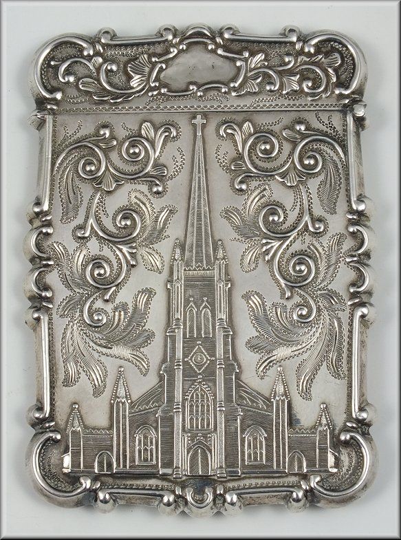 19th Century Coin Silver Calling Card Case w/ Relief Church Buildings 